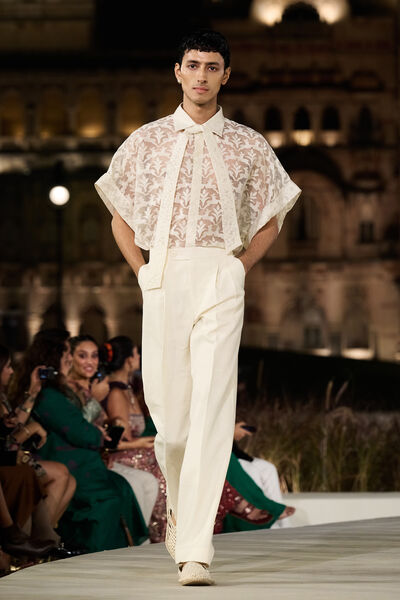 Fawn Handwoven Benarasi Silk Shirt Set - Natural